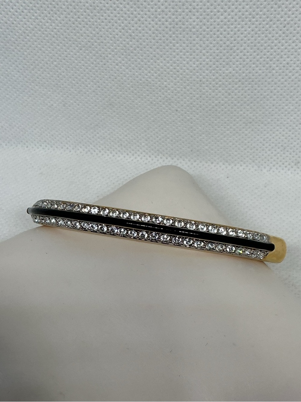 Swarovski Gold Tone Black Enamel & Crystal Hinged Bangle Bracelet